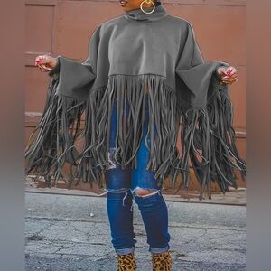 Plus Size Fringe Poncho Coat | High Neck Batwing Cape (1X–5X)